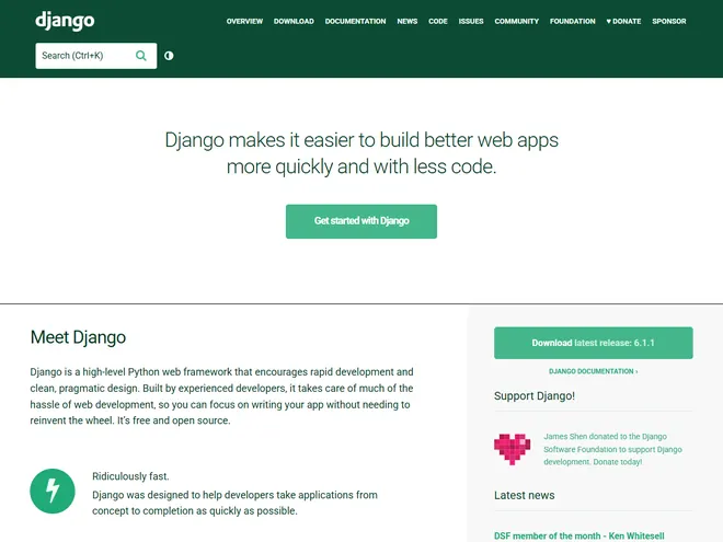 Screenshot of www.djangoproject.com